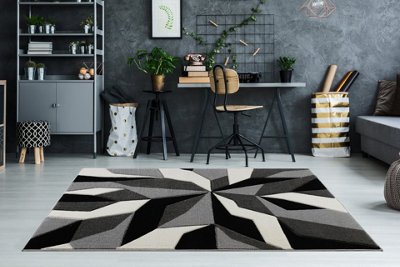 Smart Living Modern Thick Soft Carved Area Rug, Living Room Carpet, Kitchen Floor, Bedroom Soft Rugs 60cm x 110cm - Grey Black