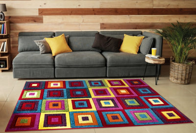 Smart Living Modern Thick Soft Carved Area Rug, Living Room Carpet, Kitchen Floor, Bedroom Soft Rugs 60cm x 110cm - Squares Bright