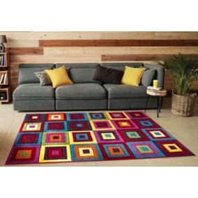 Smart Living Modern Thick Soft Carved Area Rug, Living Room Carpet, Kitchen Floor, Bedroom Soft Rugs 60cm x 110cm - Squares Bright