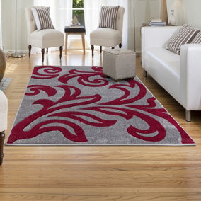 Smart Living Modern Thick Soft Carved Area Rug, Living Room Carpet, Kitchen Floor, Bedroom Soft Rugs 80cm x 150cm - Grey Red