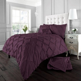 Smart Living Pintuck Duvet Cover With Pillowcases Polycotton Quilt Bedding Covers Pinch Pleated Comforter Cover Set - Aubergine
