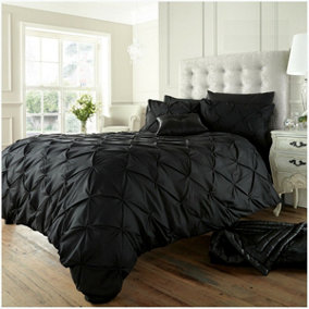 Smart Living Pintuck Duvet Cover With Pillowcases Polycotton Quilt Bedding Covers Pinch Pleated Comforter Cover Set - Black