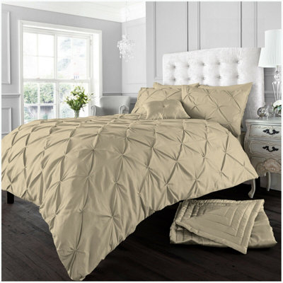 Smart Living Pintuck Duvet Cover With Pillowcases Polycotton Quilt Bedding Covers Pinch Pleated Comforter Cover Set - Latte