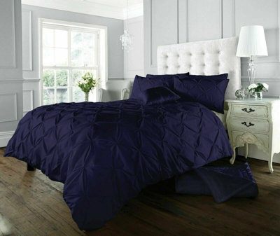 Smart Living Pintuck Duvet Cover With Pillowcases Polycotton Quilt Bedding Covers Pinch Pleated Comforter Cover Set Navy