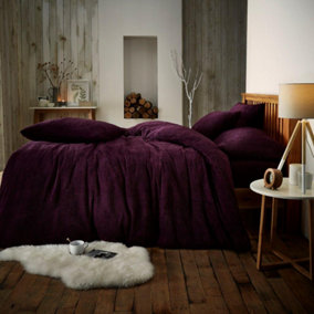 Smart Living Teddy Bear Fluffy Bedding Set, Thermal Warm & Cosy Super Soft Fleece Duvet Cover Set With Pillowcases - Aubergine