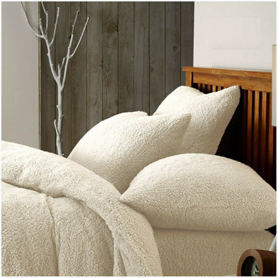 Smart Living Teddy Bear Fluffy Bedding Set, Thermal Warm & Cosy Super Soft Fleece Duvet Cover Set With Pillowcases - Cream