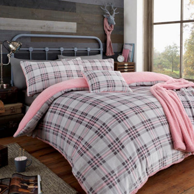 Smart Living Teddy Bear Fluffy Bedding Set, Thermal Warm & Cosy Super Soft Fleece Duvet Cover Set With Pillowcases - Grey/Pink