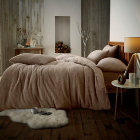 Smart Living Teddy Bear Fluffy Bedding Set, Thermal Warm & Cosy Super Soft Fleece Duvet Cover Set With Pillowcases - Mink