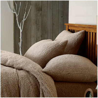 Smart Living Teddy Bear Fluffy Bedding Set, Thermal Warm & Cosy Super Soft Fleece Duvet Cover Set With Pillowcases - Mink