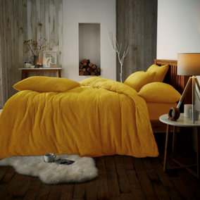 Smart Living Teddy Bear Fluffy Bedding Set, Thermal Warm & Cosy Super Soft Fleece Duvet Cover Set With Pillowcases - Ochre