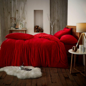 Smart Living Teddy Bear Fluffy Bedding Set, Thermal Warm & Cosy Super Soft Fleece Duvet Cover Set With Pillowcases - Red