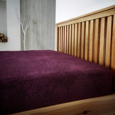 Smart Living Teddy Fleece Fitted Bed Sheet Plain Thermal Warm Soft Luxury Fluffy Cuddly Cosy Bedding - Aubergine