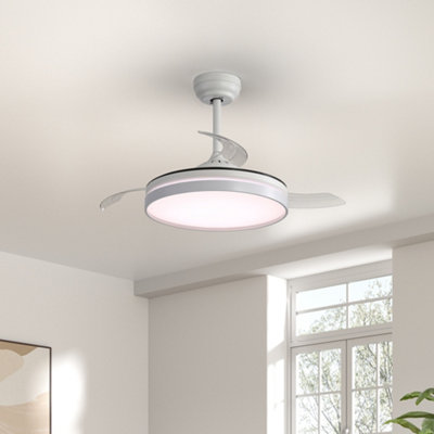 Smart Retractable Ceiling Fan with Lights 42 Inch Modern LED Ceiling Fan Lights with Remote Control and 6 Speed White