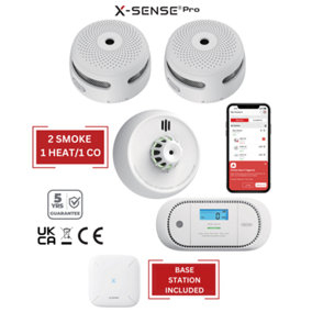 Smart Smoke Detectors, Carbon Monoxide & Heat Alarms with Base Station: 2 Smoke / 1 Heat / 1 CO