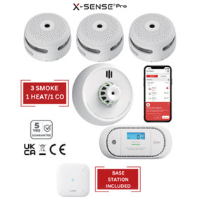 Smart Smoke Detectors, Carbon Monoxide & Heat Alarms with Base Station: 3 Smoke / 1 Heat / 1 CO
