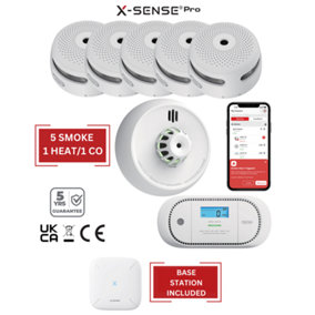 Smart Smoke Detectors, Carbon Monoxide & Heat Alarms with Base Station: 5 Smoke / 1 Heat / 1 CO
