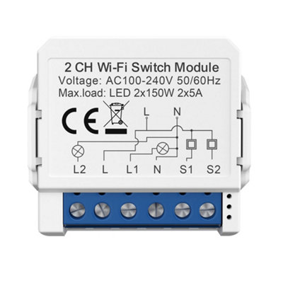 Smart WiFi+BLE 2CH Light Switch Module (Max 2 x 150W). On/Off Switch