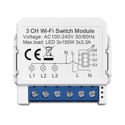 Smart WiFi+BLE 3CH Light Switch Module (Max 3 x 150W). On/Off Switch