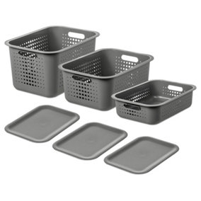 SmartStore Recycled 6L, 10L & 13L Taupe Storage Baskets with 3 Lids
