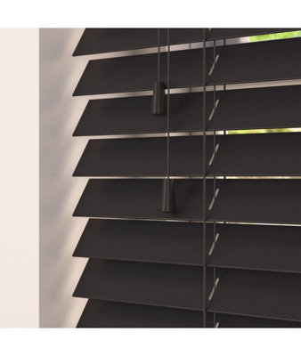 Smooth Finish Faux Wood Venetian Blinds with Strings 130cm Drop x 100cm Width Onyx Smooth