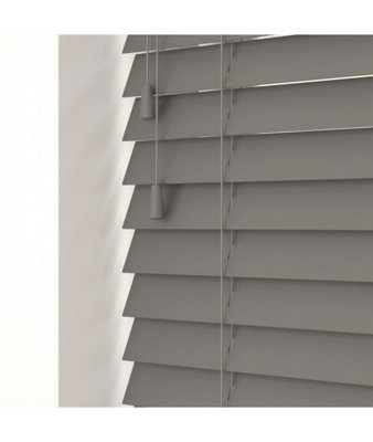 Smooth Finish Faux Wood Blinds with Strings 130cm Drop x 110cm Width Smooth Grey Smooth