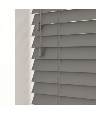 Smooth Finish Faux Wood Venetian Blinds with Strings 130cm Drop x 110cm Width Smooth Grey Smooth