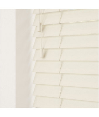 Smooth Finish Faux Wood Venetian Blinds with Strings 130cm Drop x 120cm Width Misty White Smooth