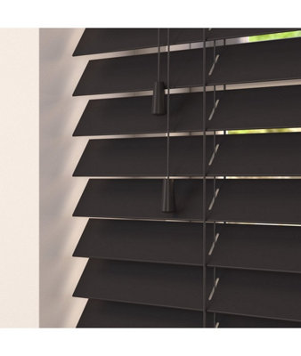 Smooth Finish Faux Wood Venetian Blinds with Strings 130cm Drop x 170cm Width Onyx Smooth