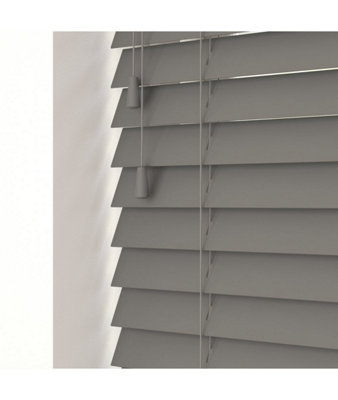 Smooth Finish Faux Wood Venetian Blinds with Strings 130cm Drop x 260cm Width Smooth Grey Smooth