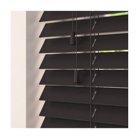 Smooth Finish Faux Wood Venetian Blinds with Strings 130cm Drop x 50cm Width Onyx Smooth