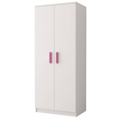 Smyk 06 White Matt Hinged Wardrobe W800mm H1930mm D500mm with Playful Pink Handles