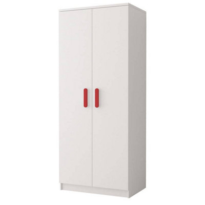 Smyk 06 White Matt Hinged Wardrobe W800mm H1930mm D500mm with Striking Red Handles