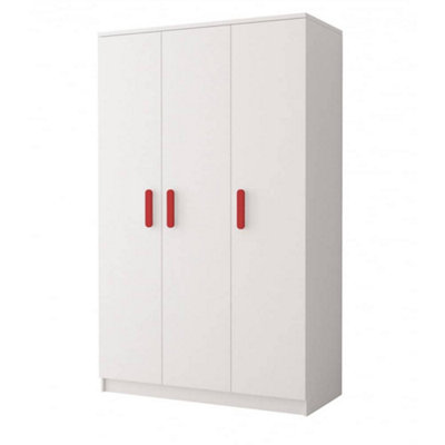 Smyk 19 White Hinged Wardrobe 1200mm H1930mm D500mm with Bold Red Handles - Stylish Storage Solution