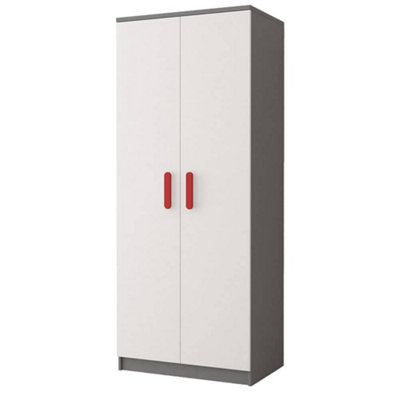 Smyk II 06 White Front Grey Carcass Hinged Wardrobe 800mm H1930mm D500mm with Striking Red Handles