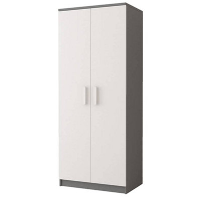 Smyk II 06 White Front Grey Carcass Hinged Wardrobe 800mm H1930mm D500mm with White Wooden Handles