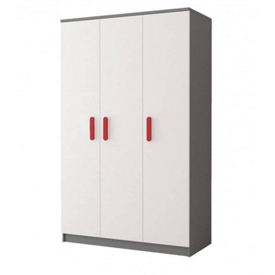 Smyk II 19 Grey Carcass White Front Hinged Wardrobe 1200mm H1930mm D500mm with Bold Red Handles