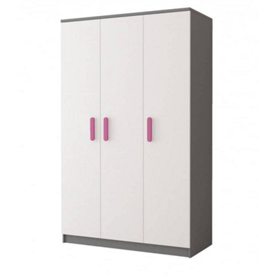 Smyk II 19 Grey Carcass White Front Hinged Wardrobe 1200mm H1930mm D500mm with Playful Pink Handles