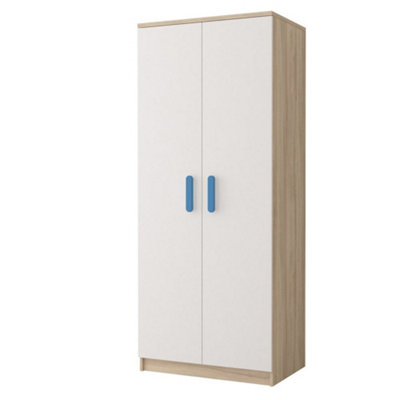 Smyk III 06 White Front Oak Sonoma Carcass Hinged Wardrobe 800mm H1930mm D500mm with Bright Blue Handles