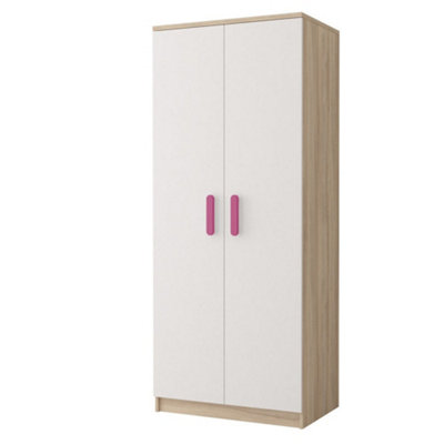 Smyk III 06 White Front Oak Sonoma Carcass Hinged Wardrobe 800mm H1930mm D500mm with Playful Pink Handles