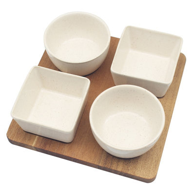 Snack Dish w/ Wood Tray 4pcs Serving Board Party Sauce Chips Dips Platter Bowls