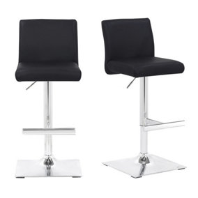 Snella Real Leather Kitchen Bar Stool Pair Black, Adjustable Swivel Gas Lift, Chrome Base, For Breakfast Bar Or Kitchen