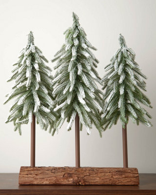 Snow-Flocked Tree Trio with Log Base, 50 cm