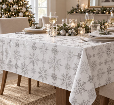 Snowflake Design White and Silver Christmas Table Cloth 108
