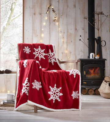 Red blanket with online white snowflakes