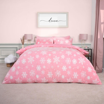 Snowflake Teddy Fleece Duvet Cover Bedding Winter Christmas, Blush - Double