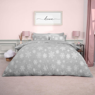 Snowflake Teddy Fleece Duvet Cover Bedding Winter Christmas, Grey - Double