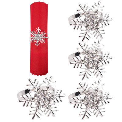 Snowflakes Design Napkin Holder Rings Serviettes Buckles for Christmas Table Décor, Silver, 4pcs