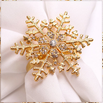 Snowflakes & Diamante Studded Napkin Holder Rings Serviettes Buckles, Gold, 6pcs