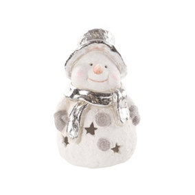 Snowman Tealight Holder Glitter Silver Decorations Festive - 15.2cm