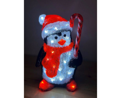 Snowtime 30cm Acrylic Penguin Holding Candy Cane with 30 Ice White LEDs